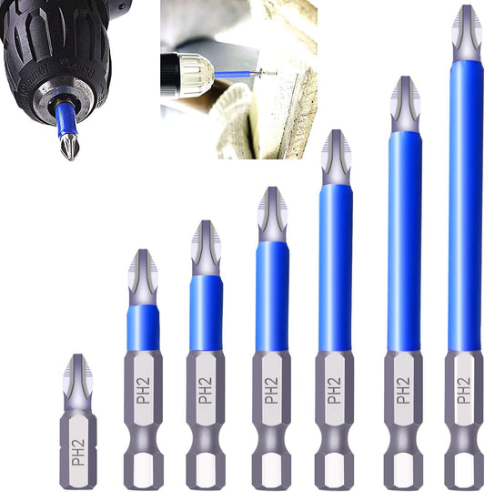 Magnetic PH2 Drill Bits Set, anti Slip Screw Extractor and Magnetic Screwdriver Bit Set, Hand Tool 7Pcs, Cross Single and Double Head Bits, Electric Screw Nozzle Taper Corrector (1 Kit)