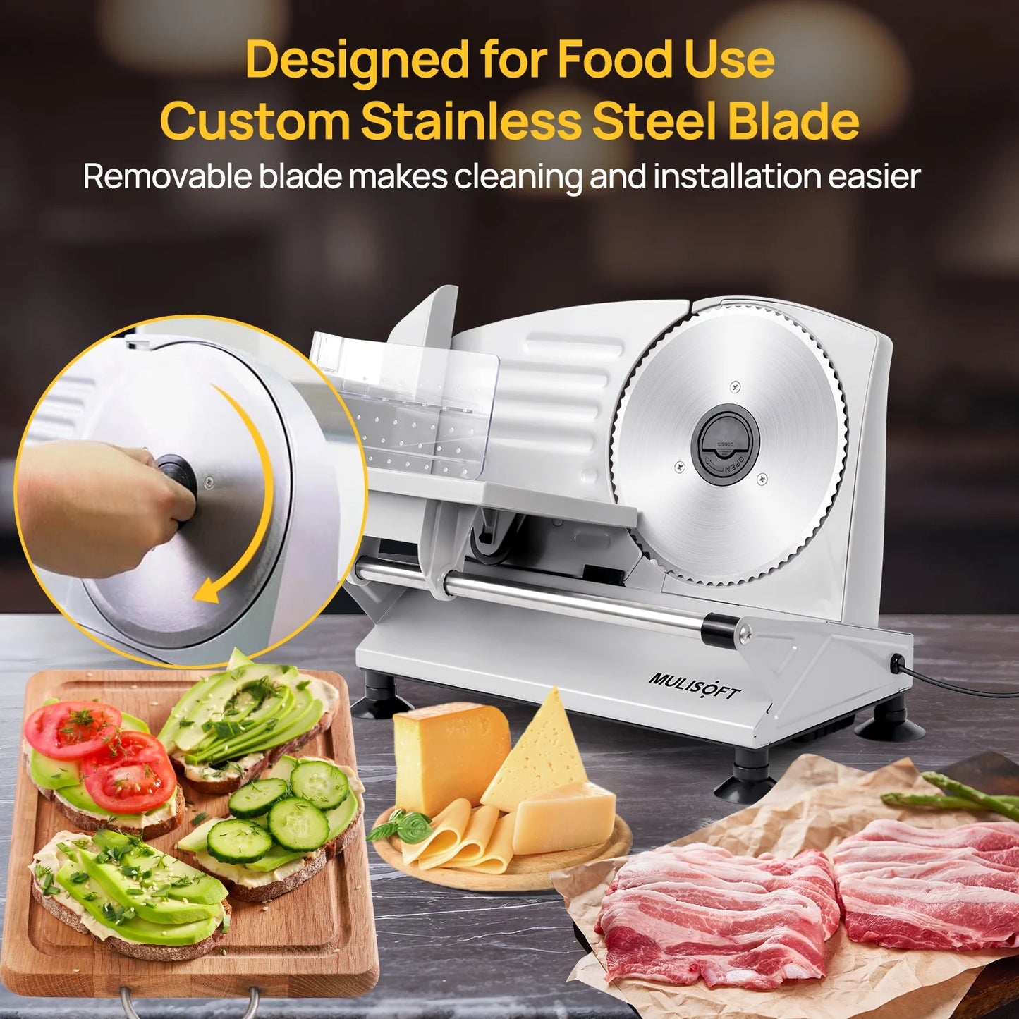 ,  Machine for Home Use, with 2 Removable Stainless Steel Blades, Adjustable Thickness Deli Slicer, Electric Slicer for Meat, Cheese, Bread, New