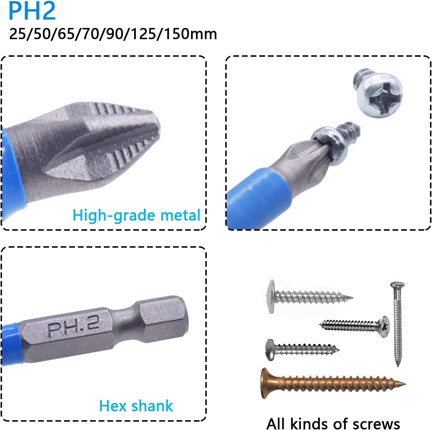 Magnetic PH2 Drill Bits Set, anti Slip Screw Extractor and Magnetic Screwdriver Bit Set, Hand Tool 7Pcs, Cross Single and Double Head Bits, Electric Screw Nozzle Taper Corrector (1 Kit)