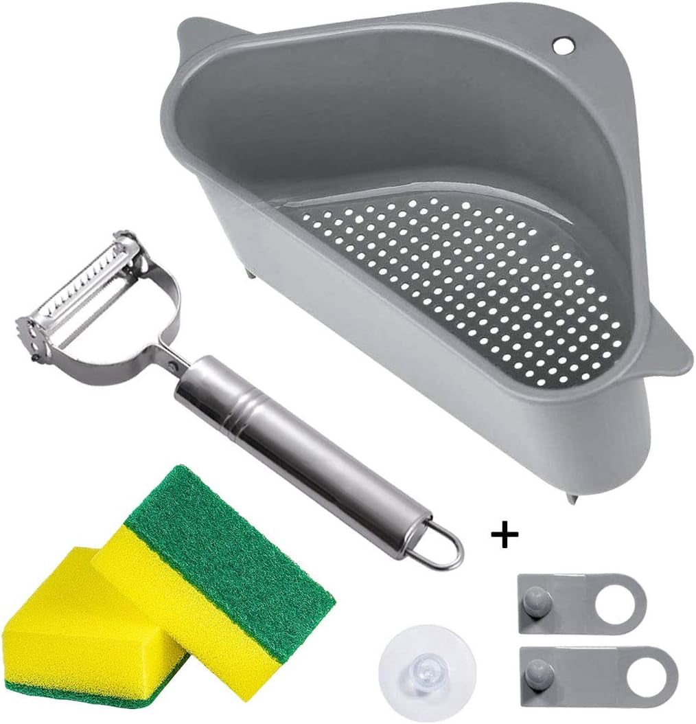 Sink Strainers Basket Kitchen Drain Shelf Triangular Sink Storage Holder with Suction Cup for Support Corner (Gray-Long Hook)